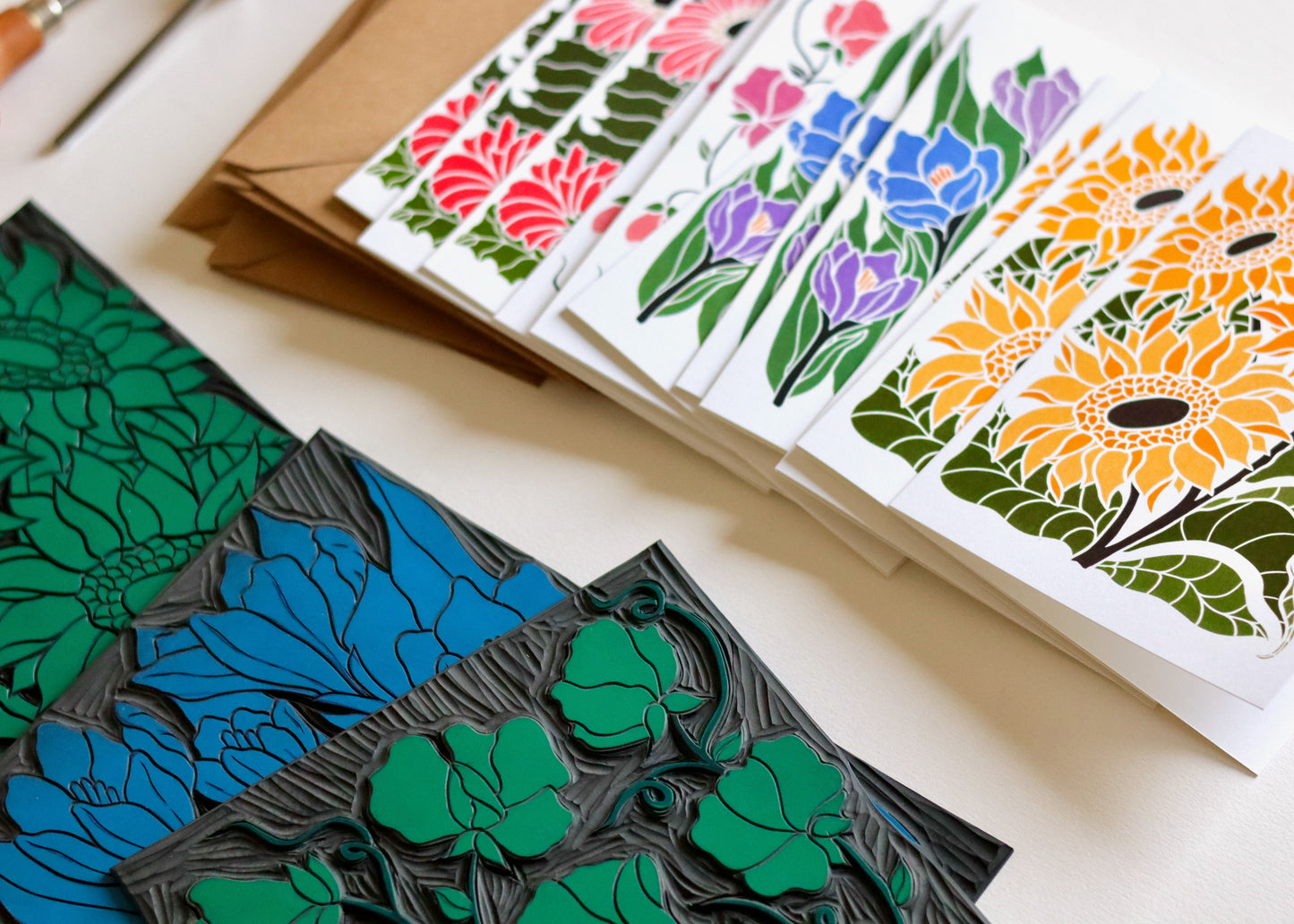 Linocut Joy Bloom Flower Notecards | Set of 12 Notecards & Envelopes