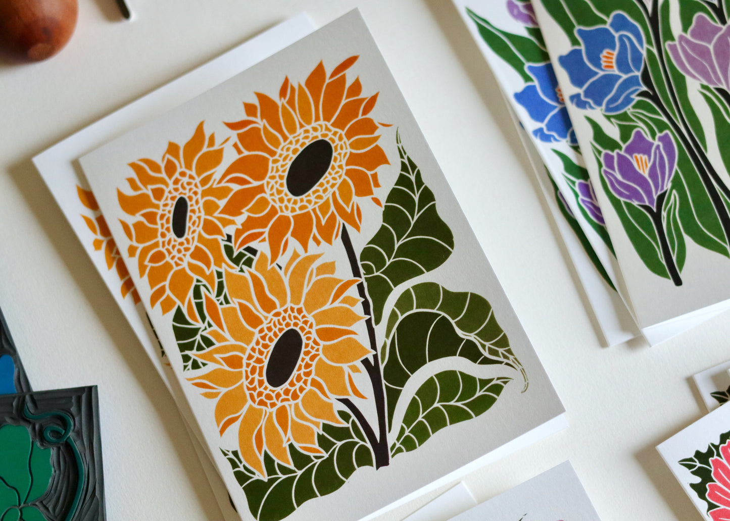 Linocut Joy Bloom Flower Notecards | Set of 12 Notecards & Envelopes