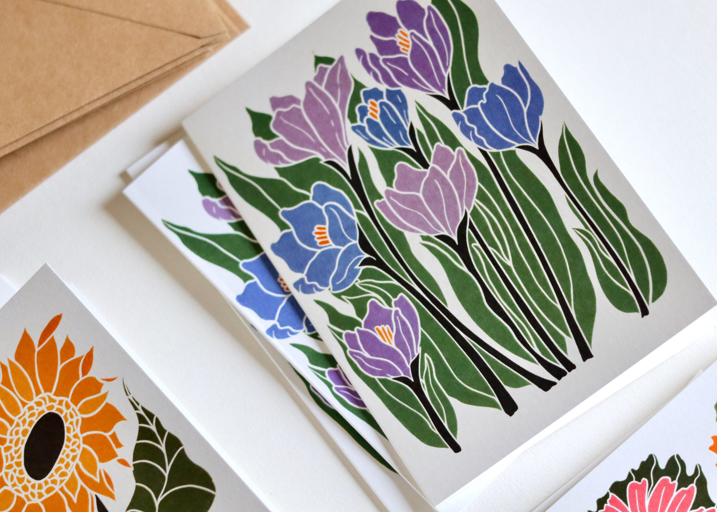 Linocut Joy Bloom Flower Notecards | Set of 12 Notecards & Envelopes