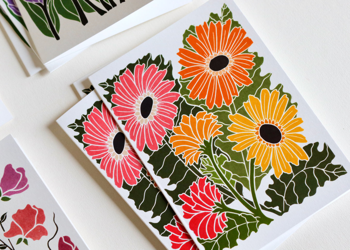 Linocut Joy Bloom Flower Notecards | Set of 12 Notecards & Envelopes