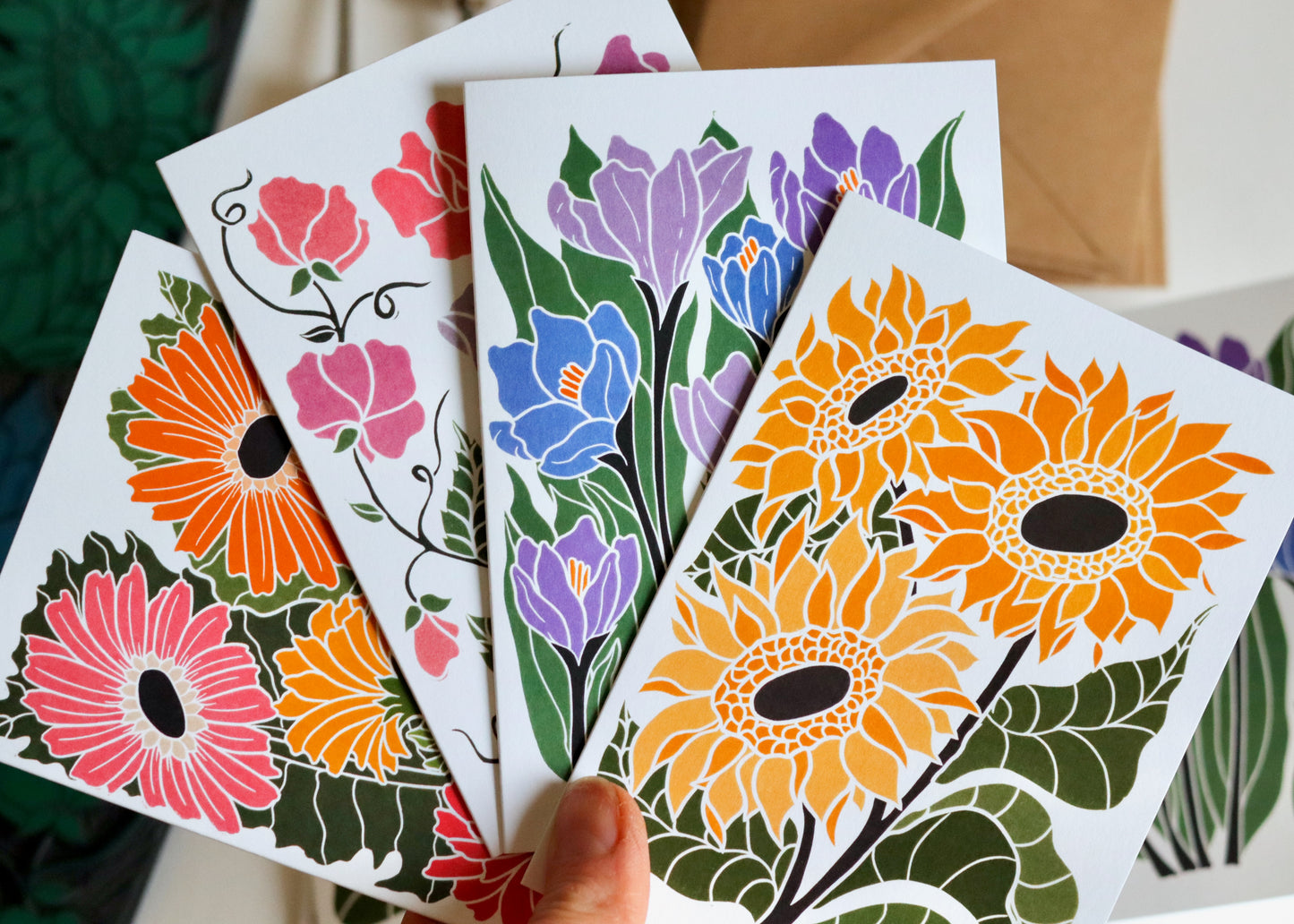 Linocut Joy Bloom Flower Notecards | Set of 12 Notecards & Envelopes