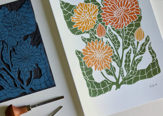 Heritage Kitchen Garden - Calendula Linocut Art | A5 or A4 Art Print on Cotton Paper