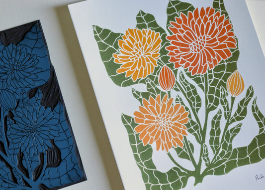 Heritage Kitchen Garden - Calendula Linocut Art | A5 or A4 Art Print on Cotton Paper