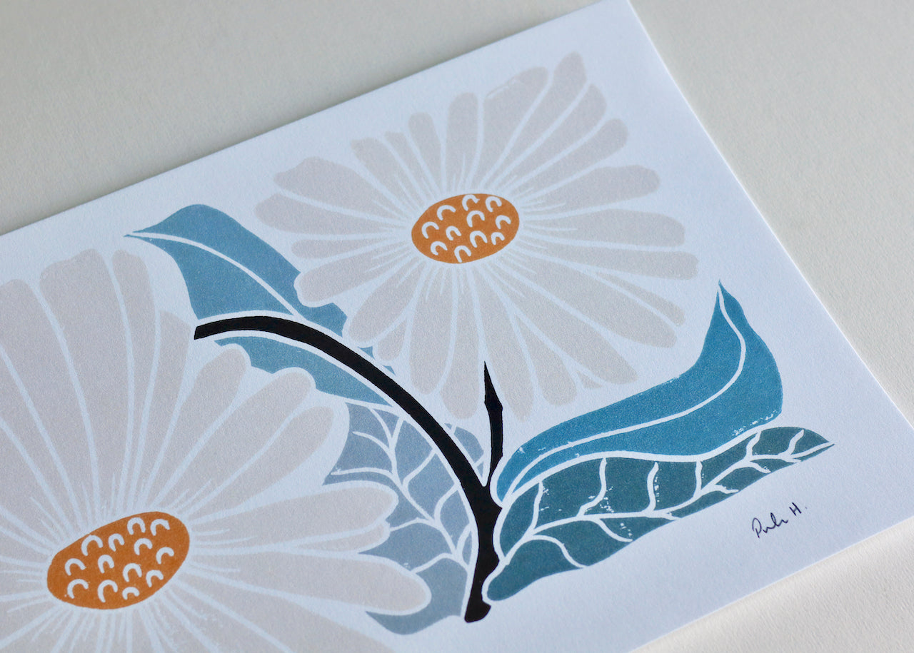 Garden Daisies Linocut Art | A5 or A4 Art Print on Cotton Paper