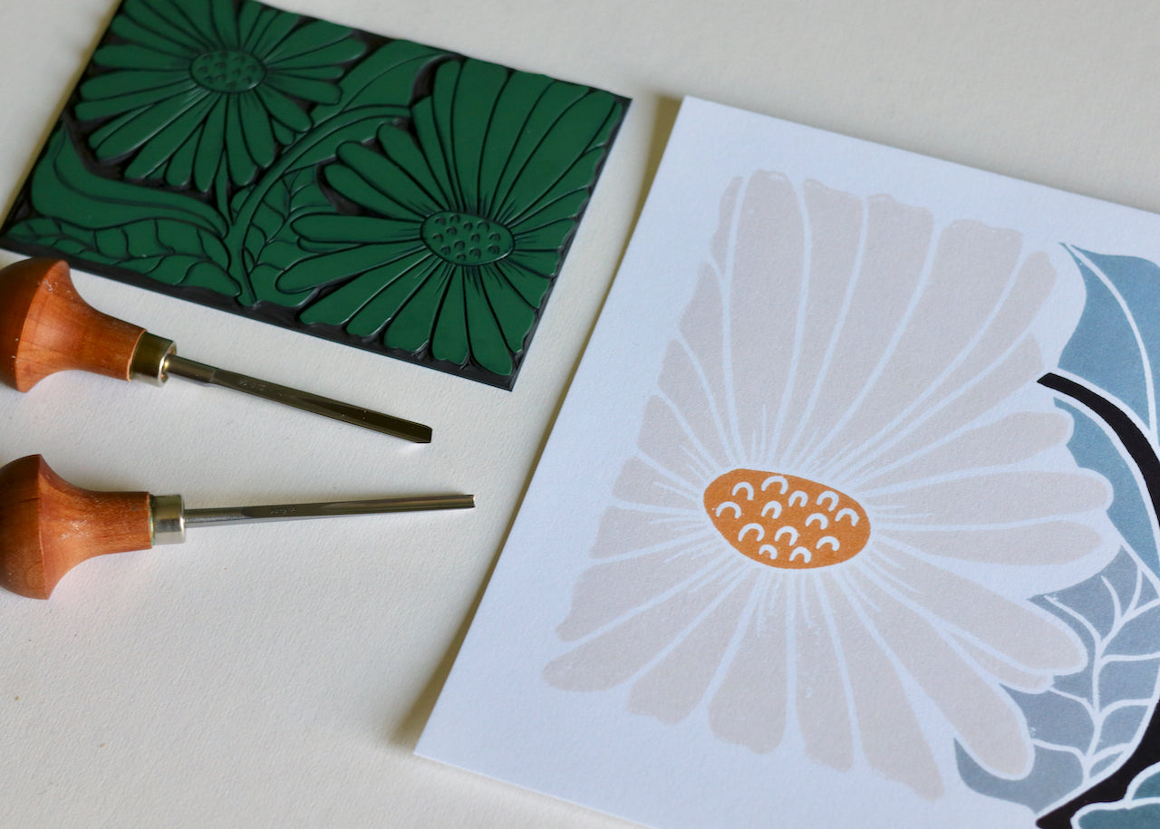 Garden Daisies Linocut Art | A5 or A4 Art Print on Cotton Paper