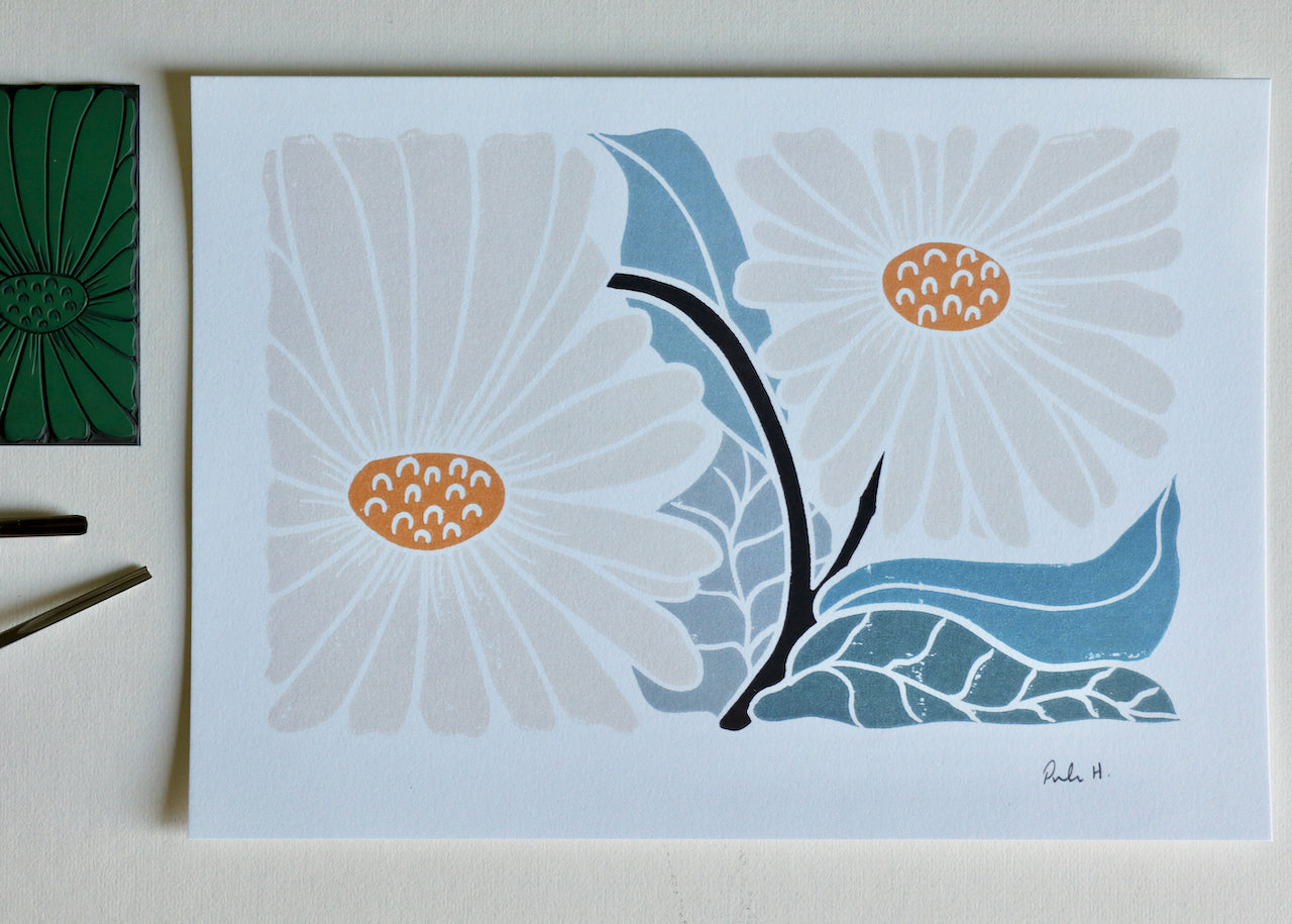 Garden Daisies Linocut Art | A5 or A4 Art Print on Cotton Paper