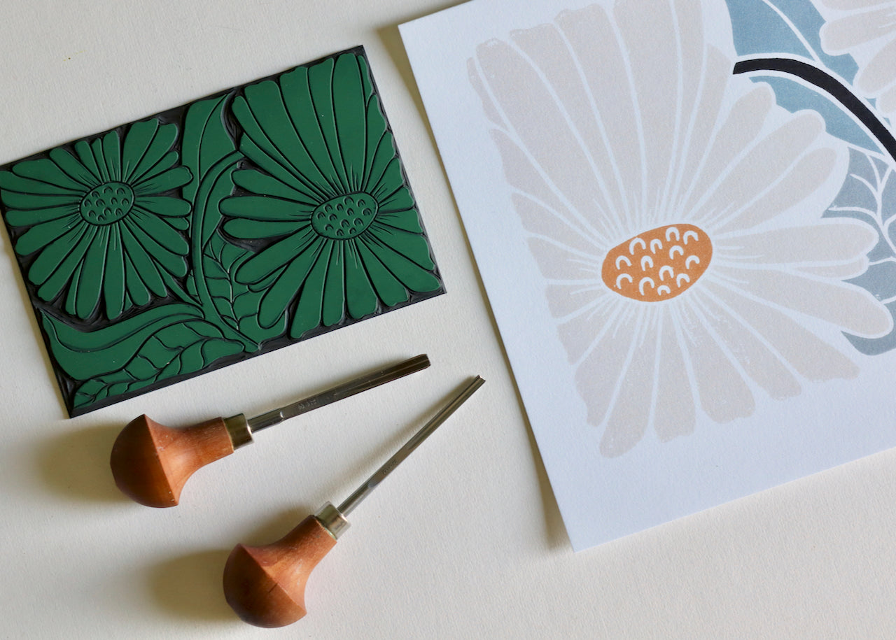 Garden Daisies Linocut Art | A5 or A4 Art Print on Cotton Paper
