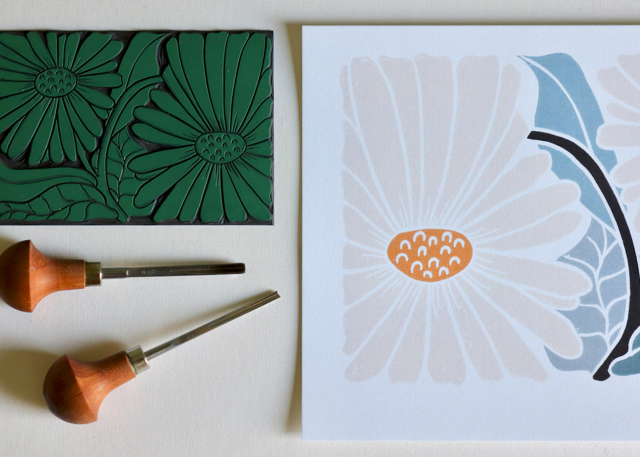 Garden Daisies Linocut Art | A5 or A4 Art Print on Cotton Paper