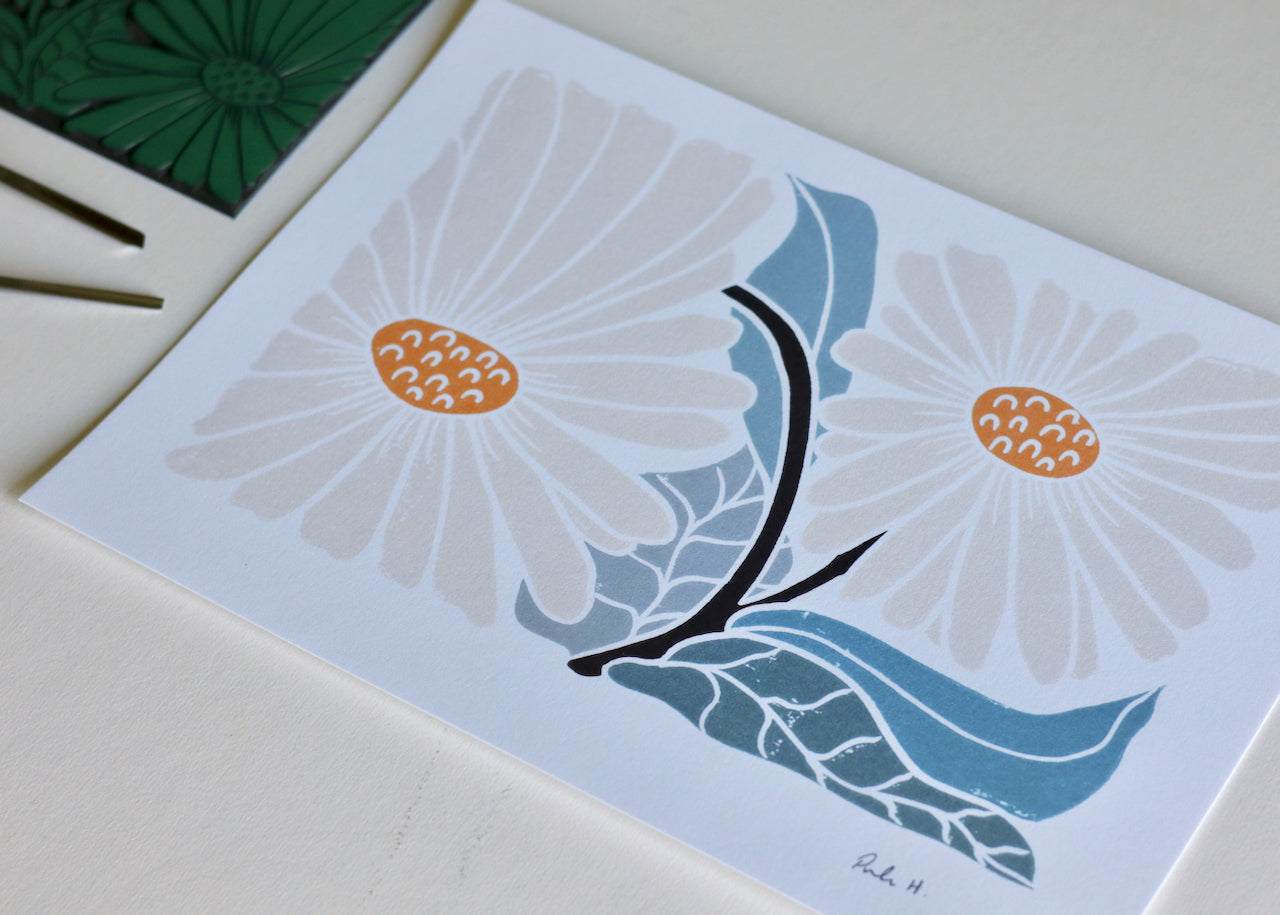 Garden Daisies Linocut Art | A5 or A4 Art Print on Cotton Paper