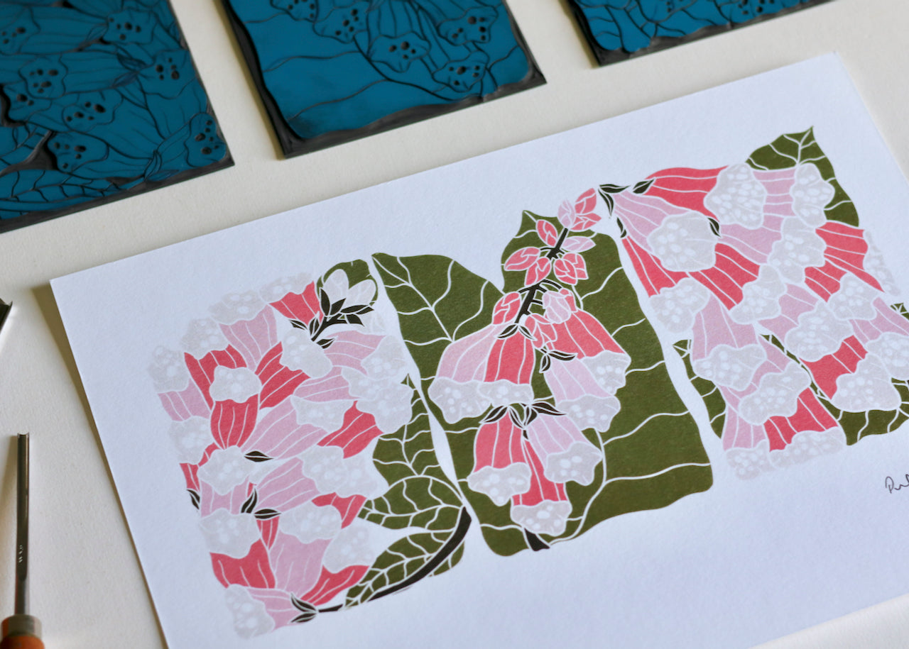 British Woodland Foxglove Linocut Art | A4 Art Print on Cotton Paper
