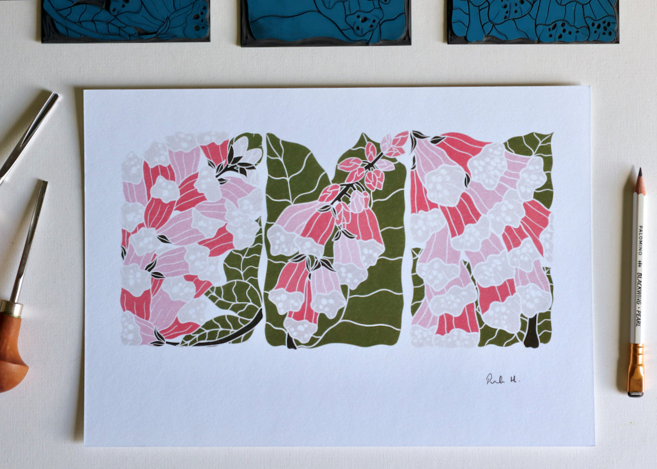 British Woodland Foxglove Linocut Art | A4 Art Print on Cotton Paper