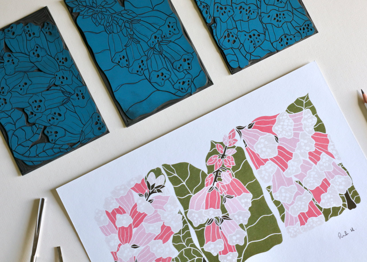 British Woodland Foxglove Linocut Art | A4 Art Print on Cotton Paper