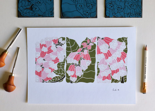 British Woodland Foxglove Linocut Art | A4 Art Print on Cotton Paper