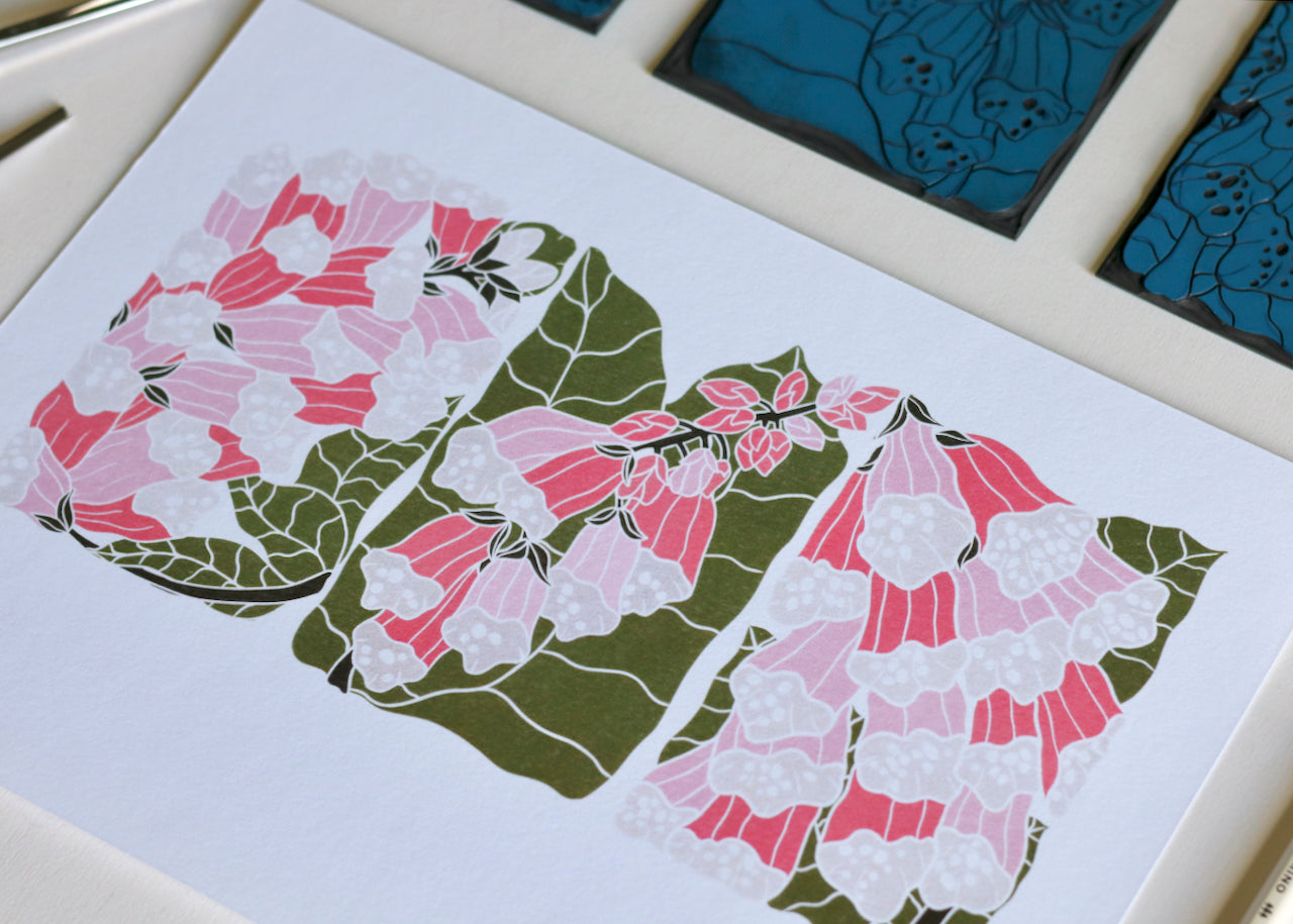 British Woodland Foxglove Linocut Art | A4 Art Print on Cotton Paper