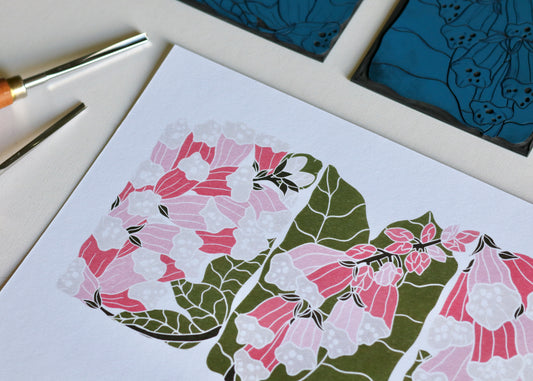 British Woodland Foxglove Linocut Art | A4 Art Print on Cotton Paper