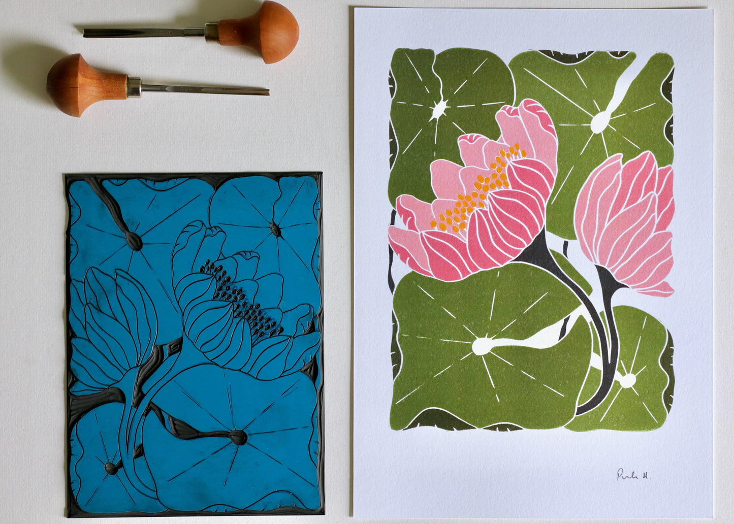 Summer Water Lilies Linocut Art Style 2 | A5 or A4 Art Print on Cotton Paper