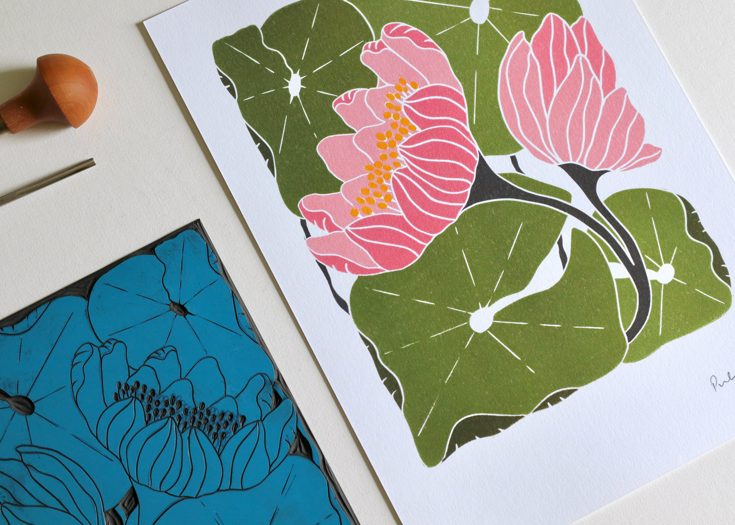 Summer Water Lilies Linocut Art Style 2 | A5 or A4 Art Print on Cotton Paper