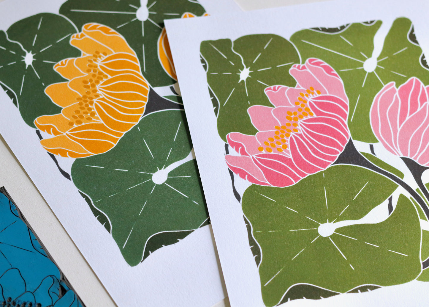 Summer Water Lilies Linocut Art Style 2 | A5 or A4 Art Print on Cotton Paper