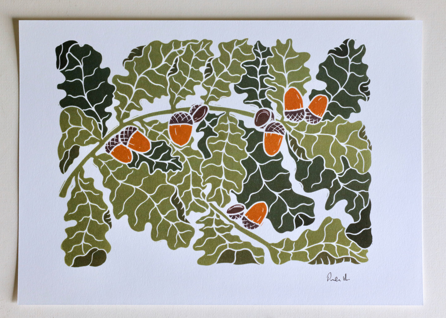 Autumn Oak Leaves Linocut Art | A4 Art Print on Cotton Paper