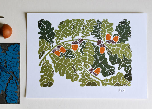 Autumn Oak Leaves Linocut Art | A4 Art Print on Cotton Paper