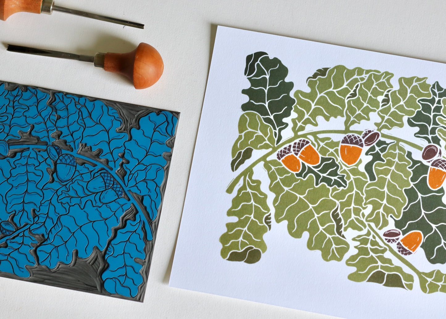Autumn Oak Leaves Linocut Art | A4 Art Print on Cotton Paper