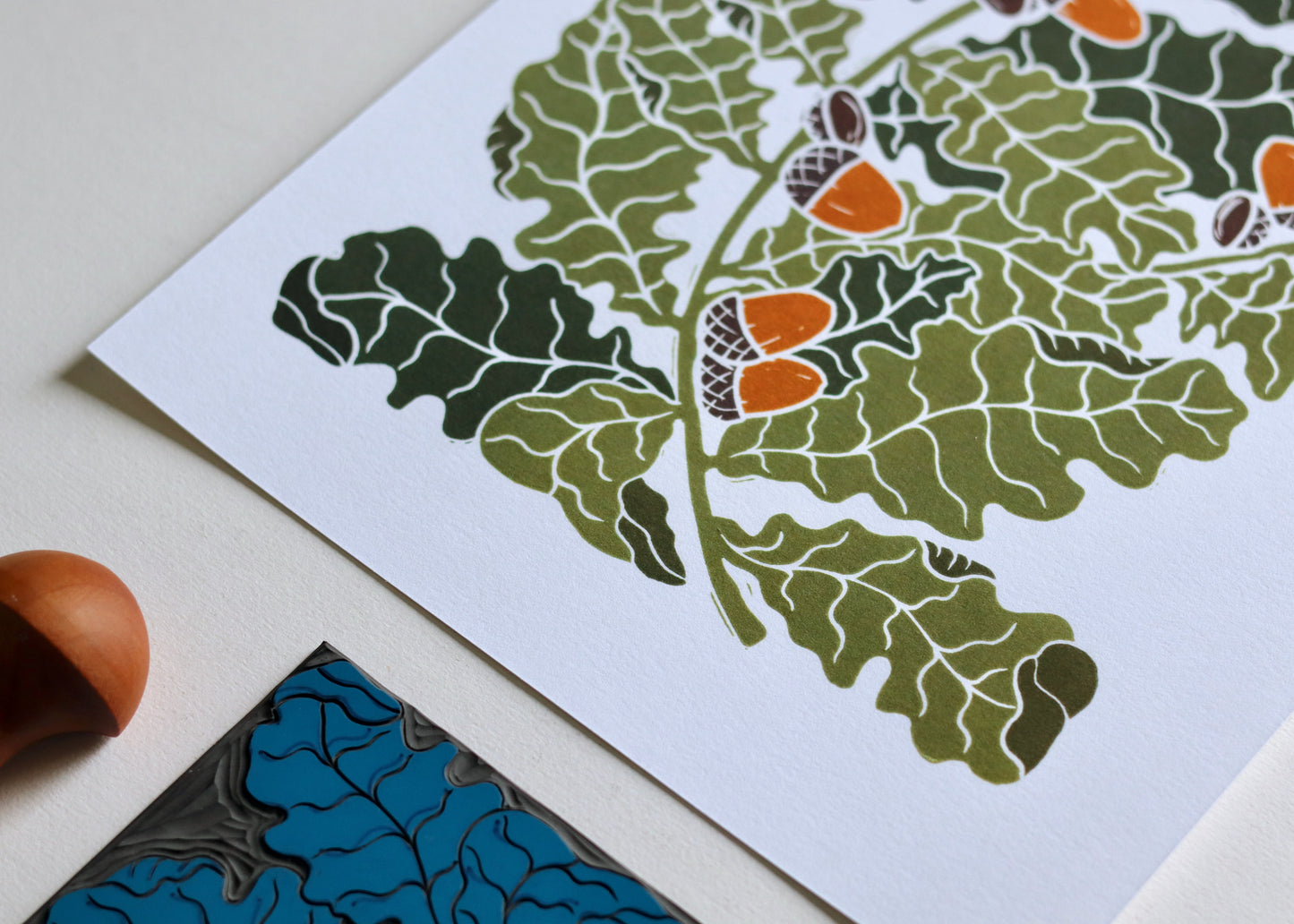 Autumn Oak Leaves Linocut Art | A4 Art Print on Cotton Paper