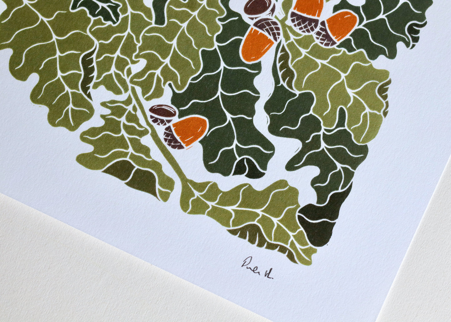 Autumn Oak Leaves Linocut Art | A4 Art Print on Cotton Paper