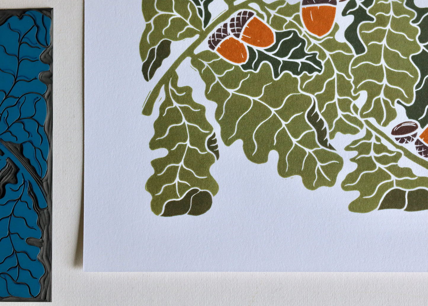 Autumn Oak Leaves Linocut Art | A4 Art Print on Cotton Paper