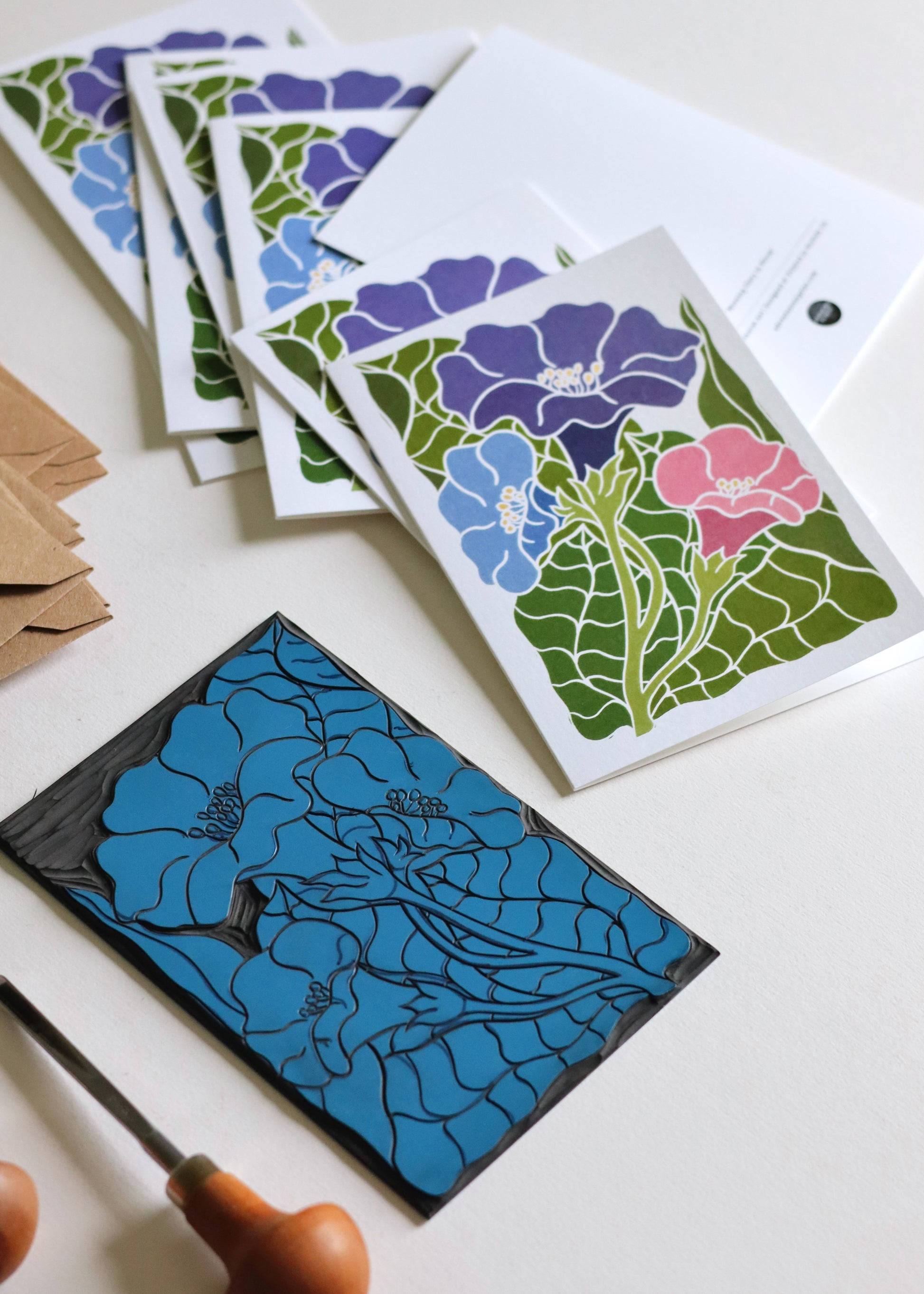 Pack of 8 morning glory greeting cards with recycled kraft brown envelopes showing modern cottagecore floral design