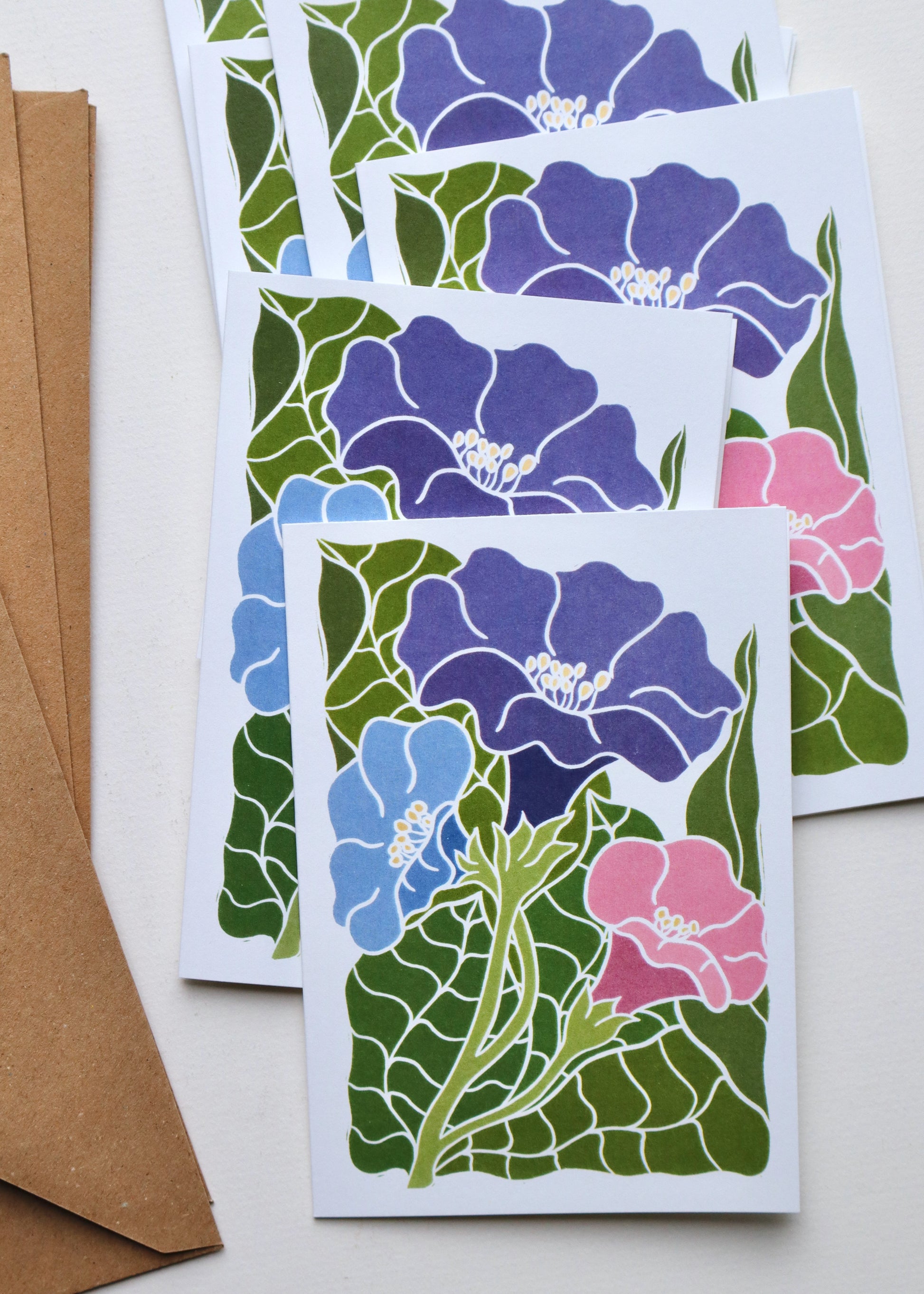 Morning Glory in Bloom notecards in vibrant purple, blue and pink with hand-carved linocut design on white card stock with kraft envelopes