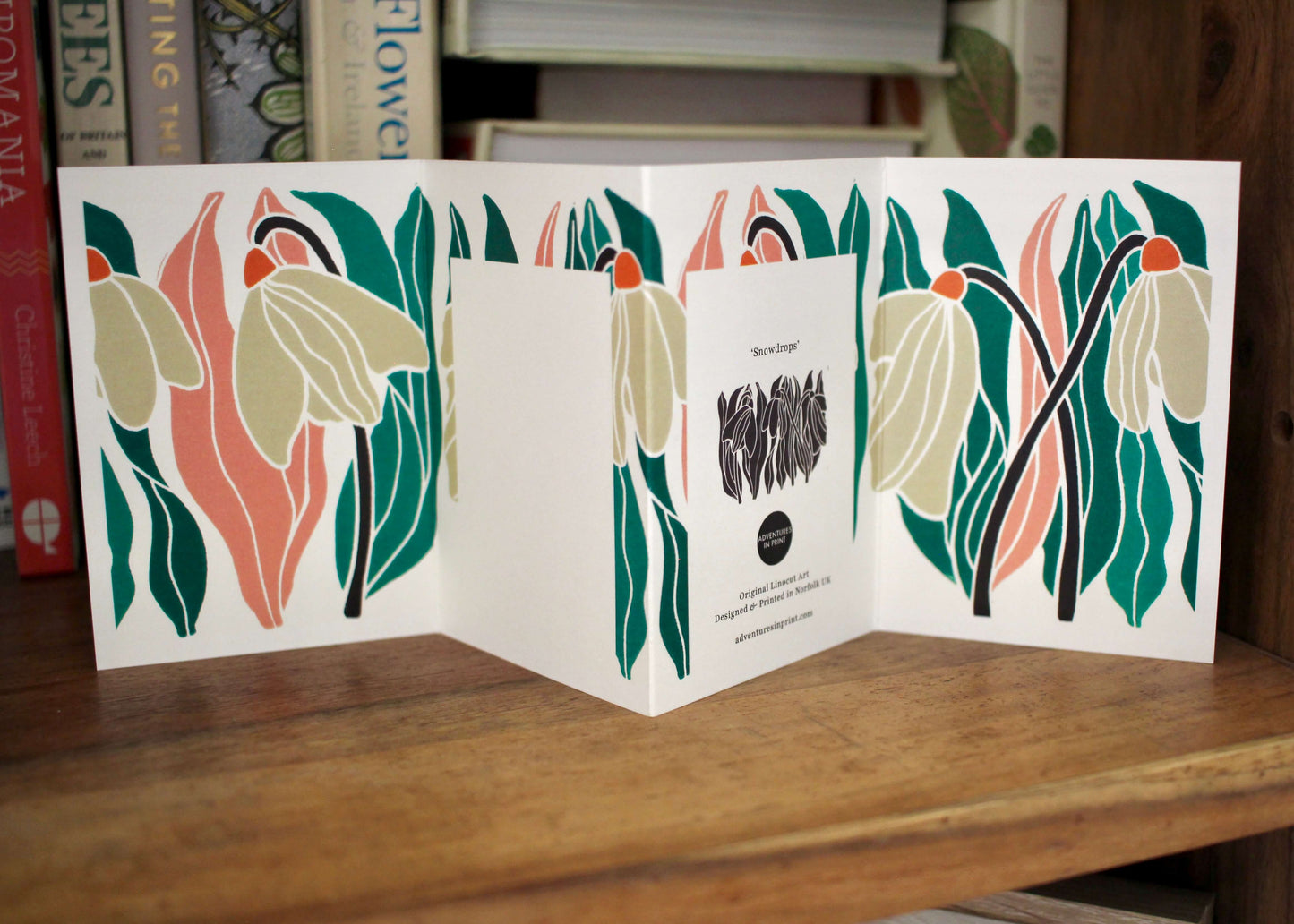 Snowdrop Linocut Concertina Greeting Card - Single card with envelope