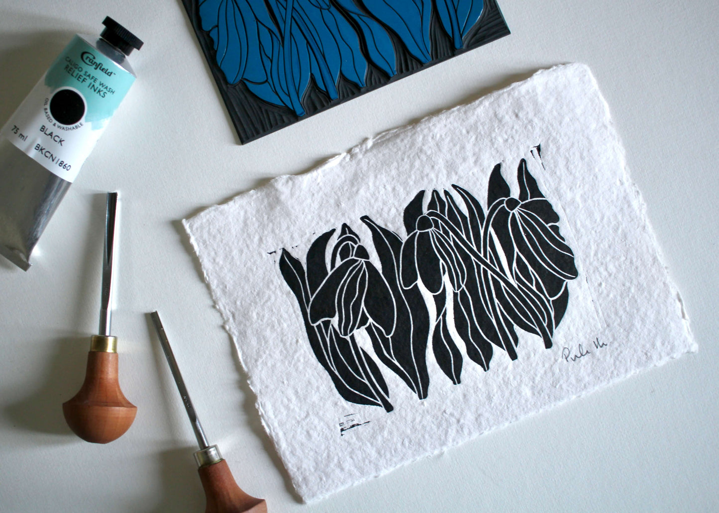 Hand Printed Snowdrops Linocut on Cotton Rag Paper