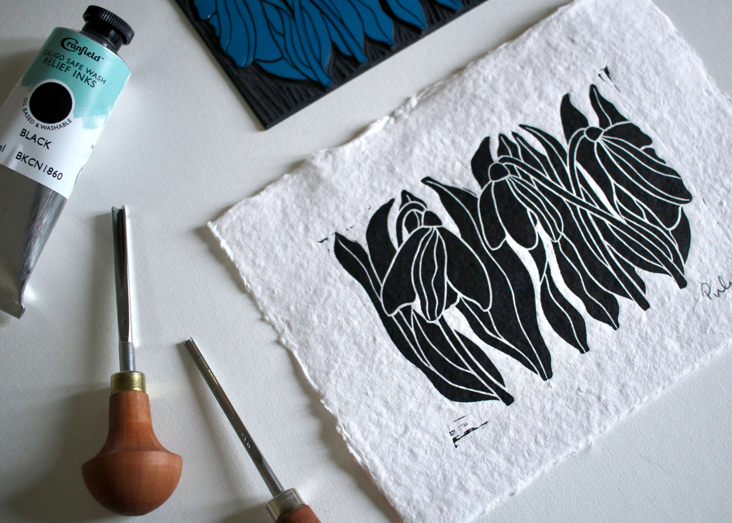 Hand Printed Snowdrops Linocut on Cotton Rag Paper