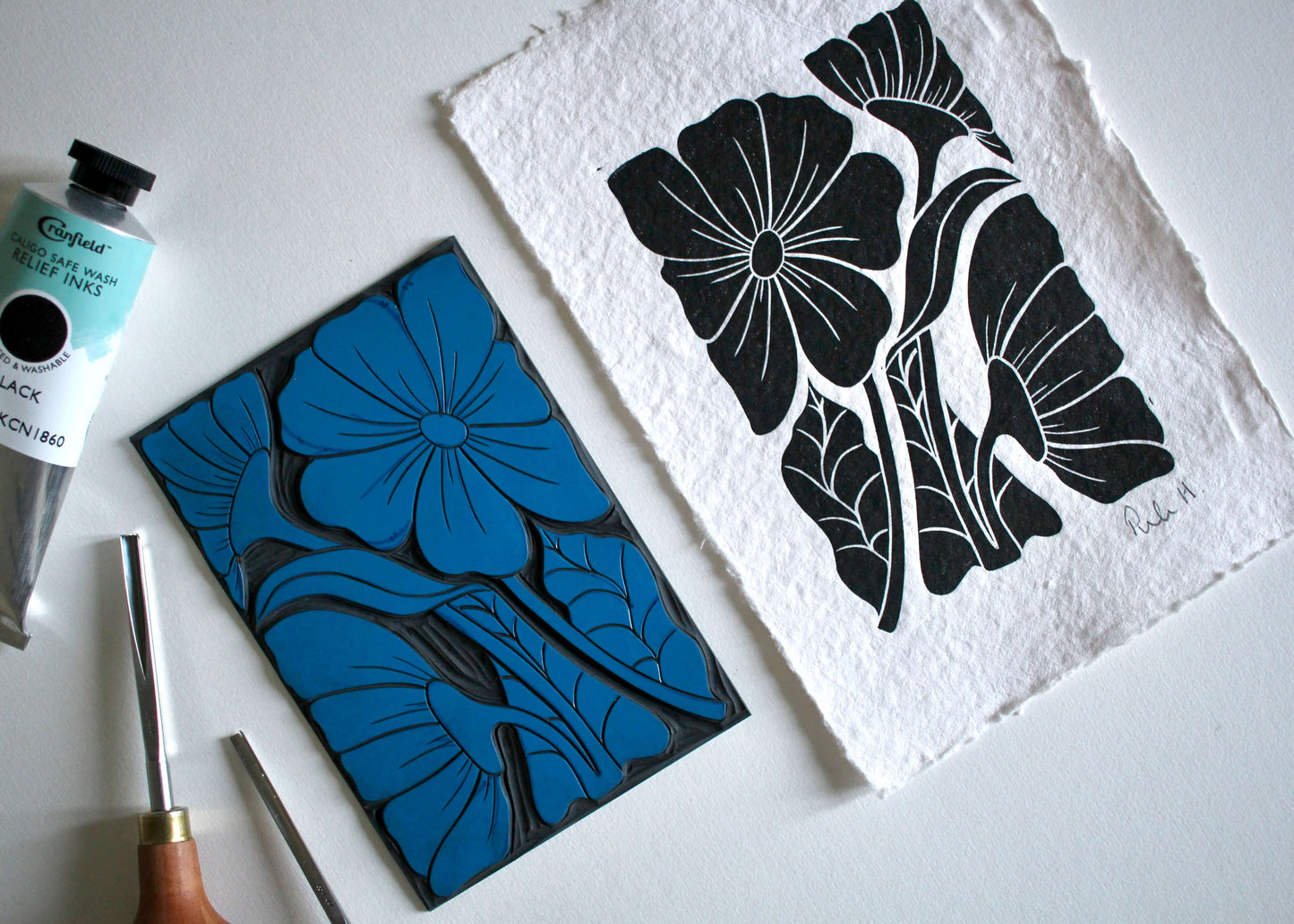 Bold & Beautiful Abstract Flowers Linocut | Handprinted A5 Art Print on Cotton Rag Paper