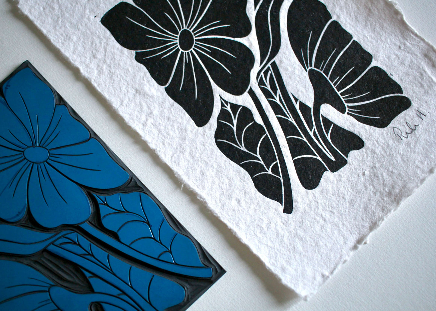 Bold & Beautiful Abstract Flowers Linocut | Handprinted A5 Art Print on Cotton Rag Paper