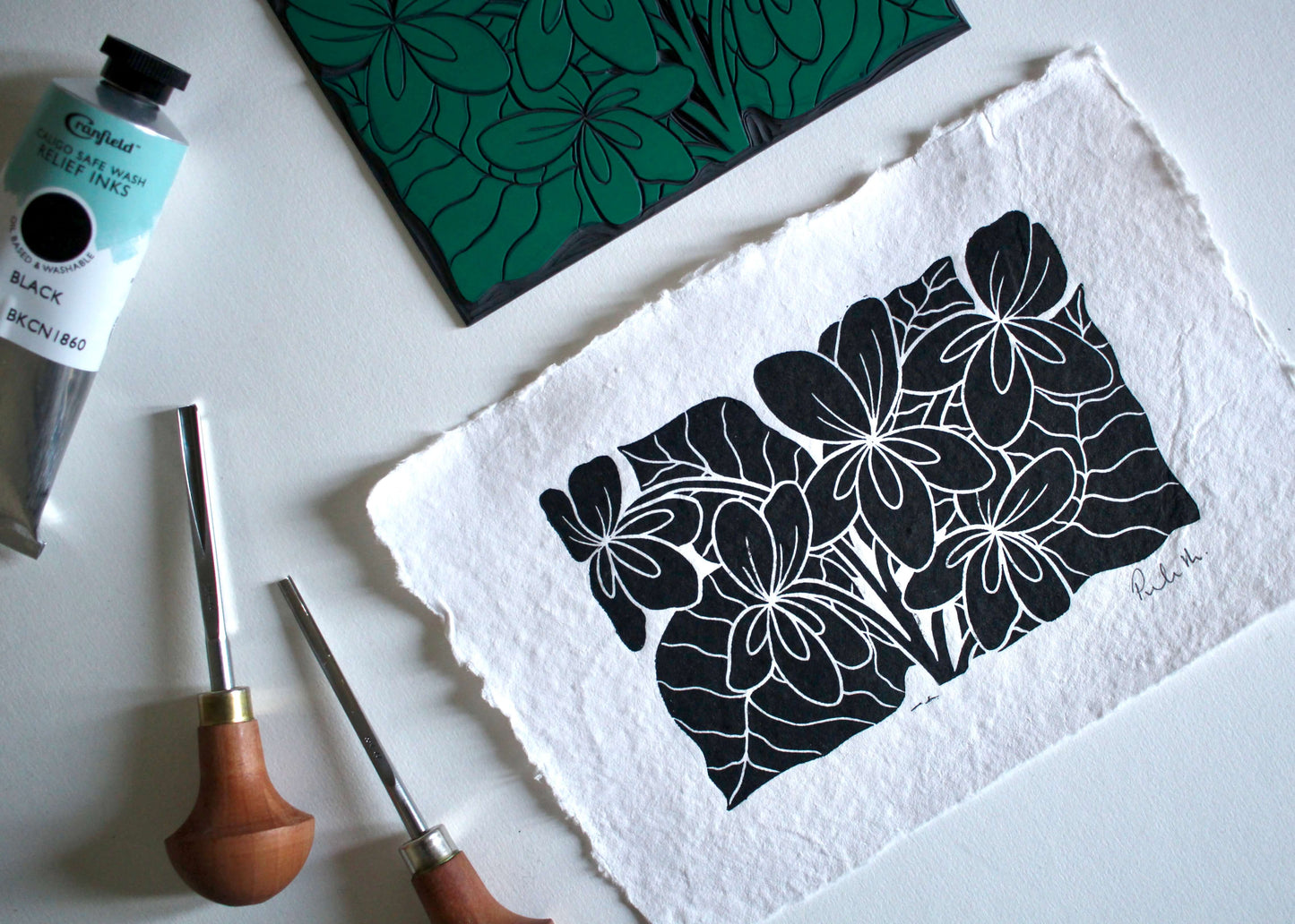 Hand Printed Violets Linocut on Cotton Rag Paper