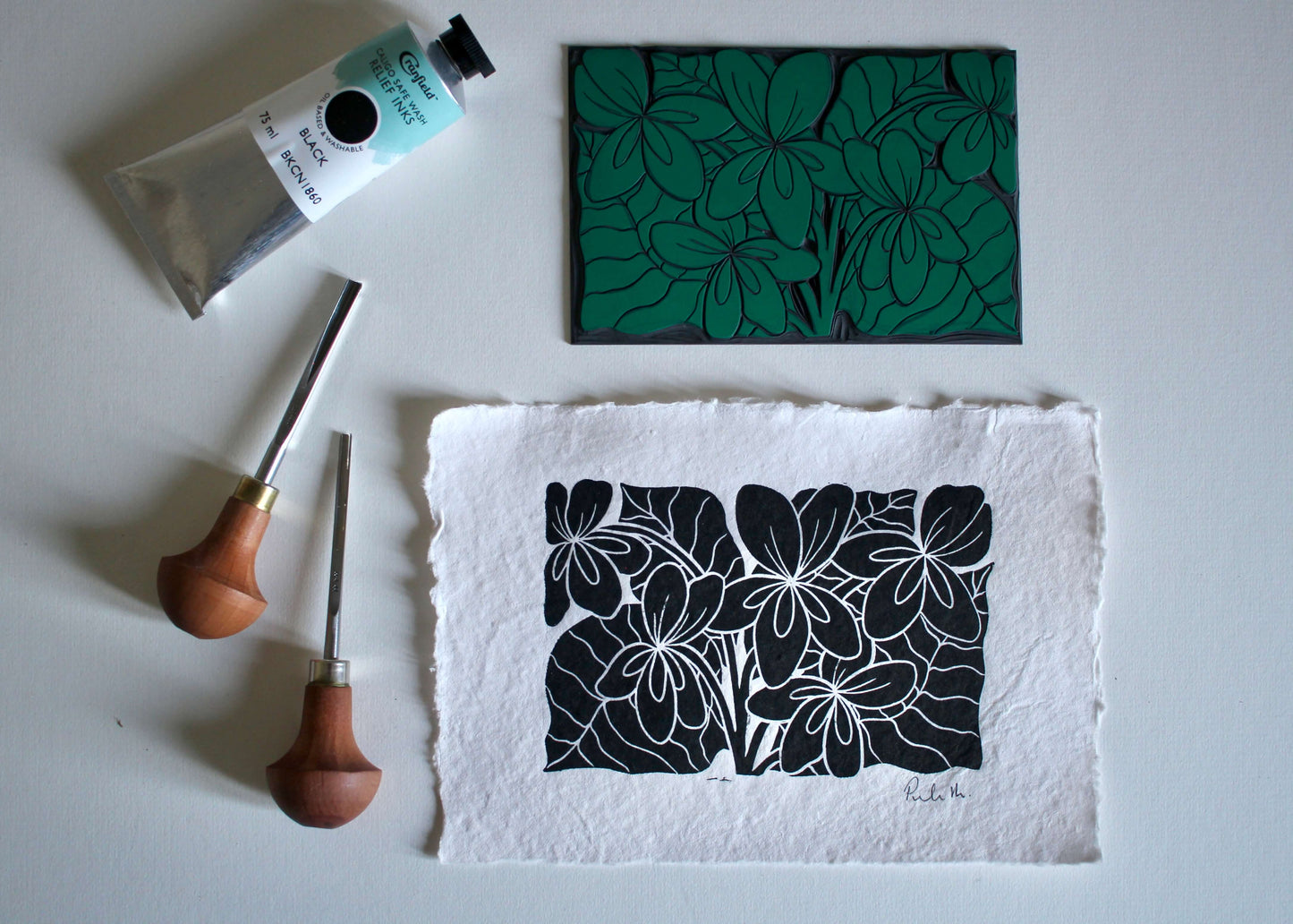 Violet Flowers Linocut | Handprinted A5 Art Print on Cotton Rag Paper