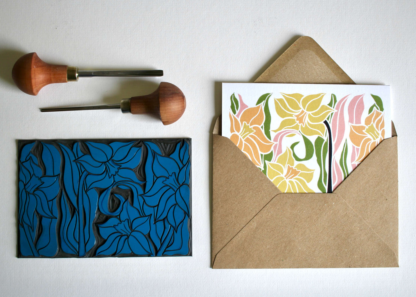 Daffodils Linocut Art Greeting Card - Single Card with Envelope