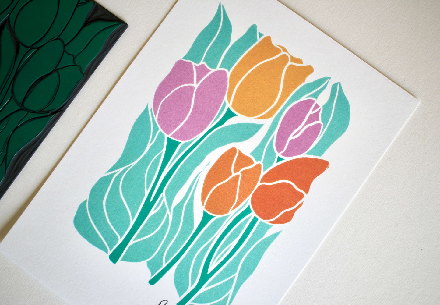 Spring Tulips Linocut Art Print - A5