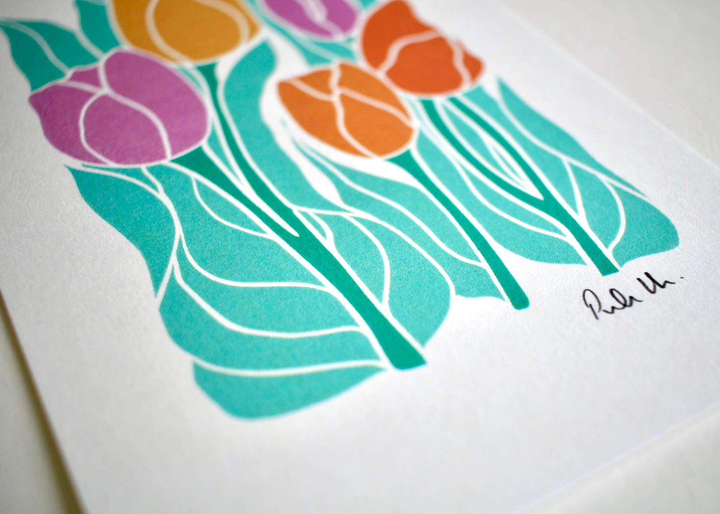 Spring Tulips Linocut Art Print - A5