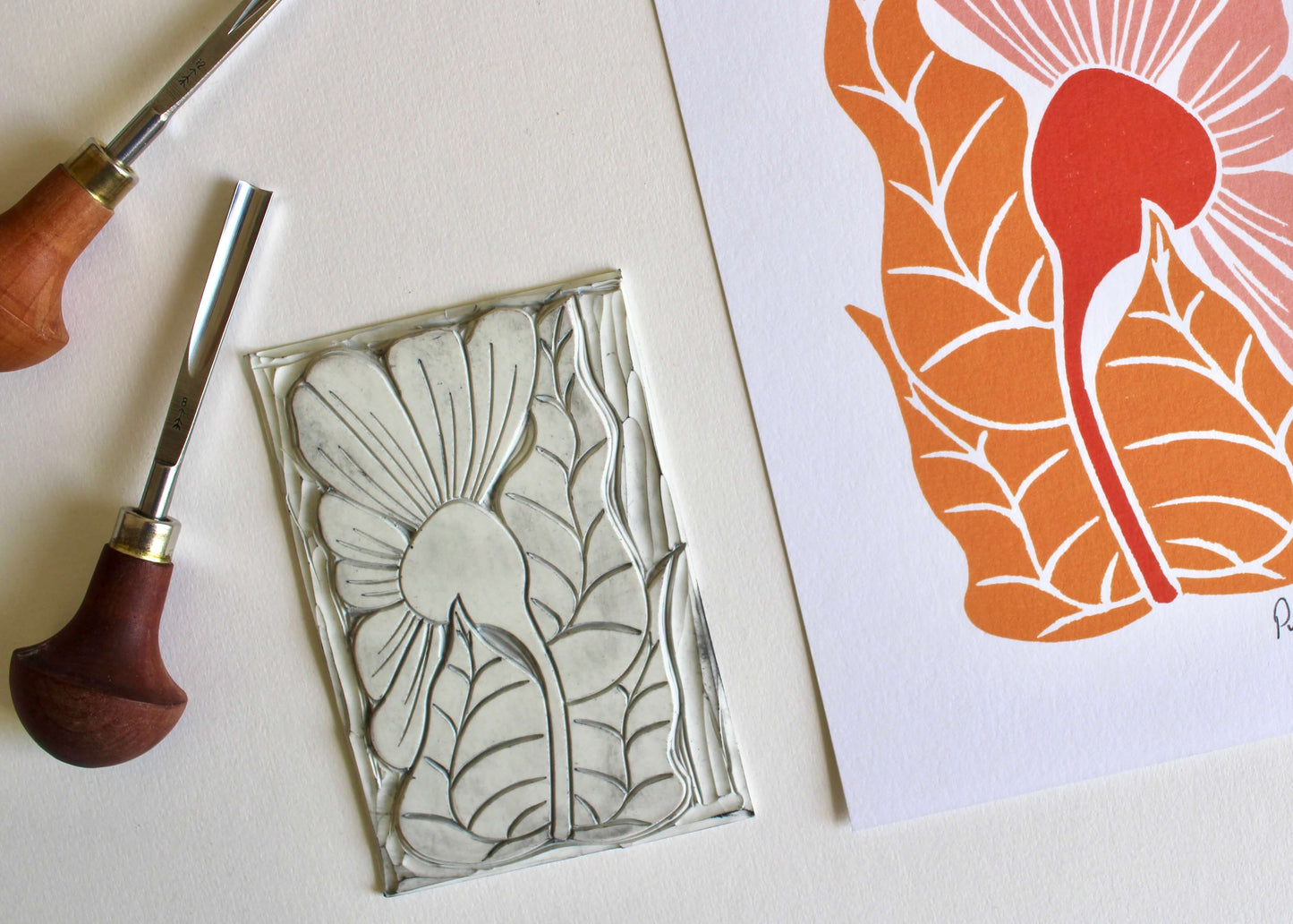 Golden Autumn Flower Linocut Art Print - A5