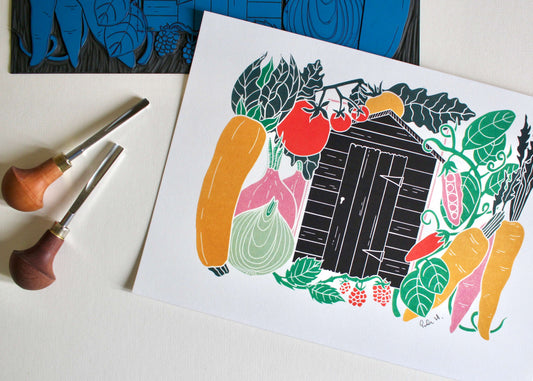 On the Allotment Linocut Art Print - A4