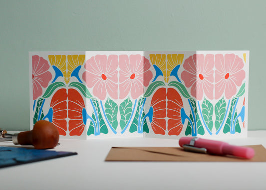 Bright & Beautiful Floral botanical Garland card shown fully extended (105 x 297mm), displaying complete hand-carved linocut design. Modern cottagecore abstract flowers, perfect for mantlepiece display.