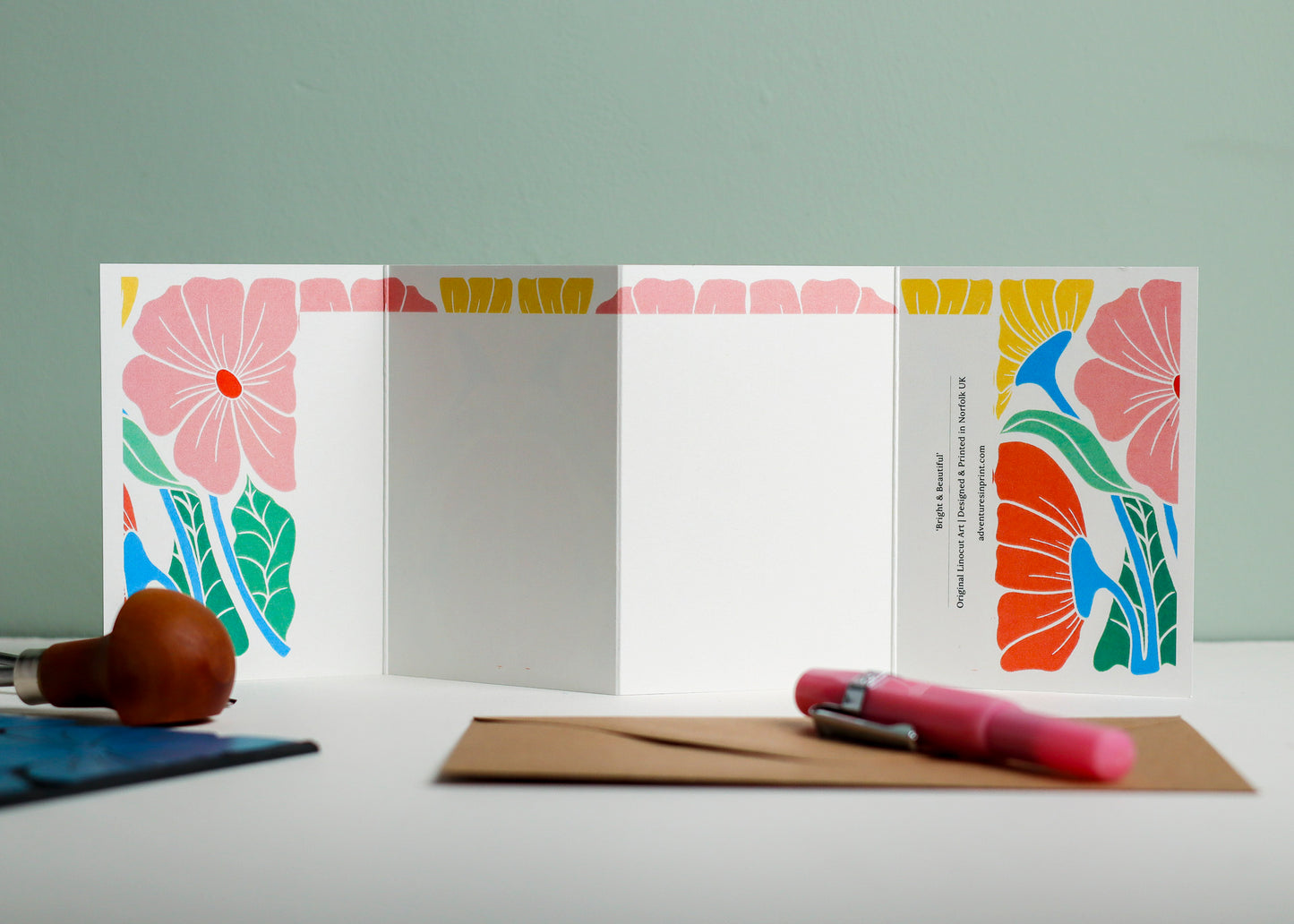 Bright & Beautiful Floral Linocut Concertina Card | Single Card with Envelope