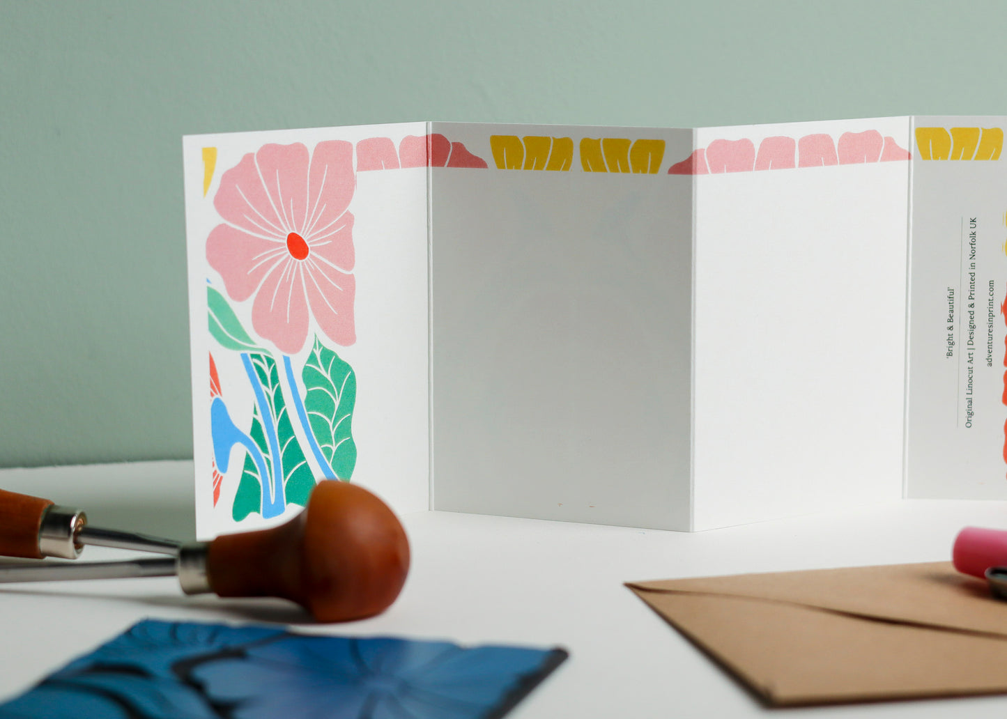 Bright & Beautiful Floral Linocut Concertina Card | Single Card with Envelope