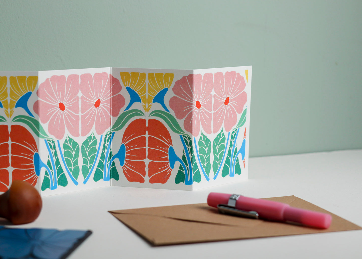 Bright & Beautiful Floral Linocut Concertina Card | Single Card with Envelope