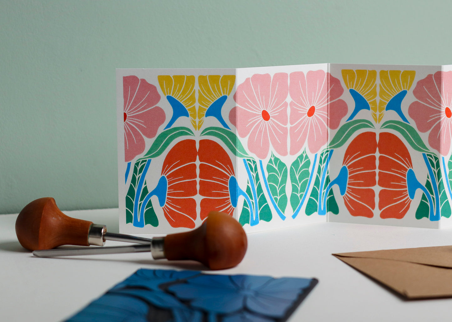 Bright & Beautiful Floral Linocut Concertina Card | Single Card with Envelope