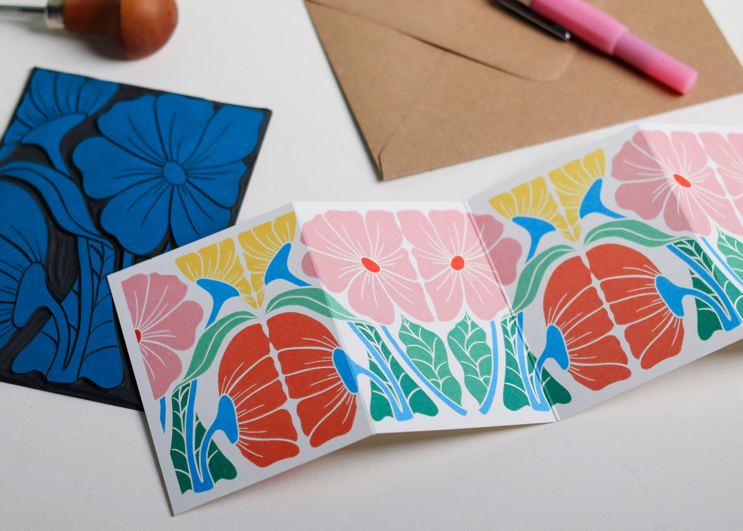 Bright & Beautiful Floral Linocut Concertina Card | Single Card with Envelope