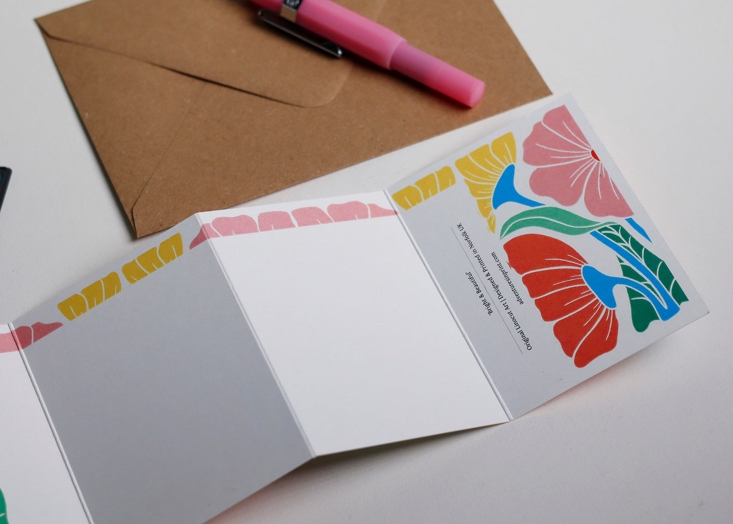 Bright & Beautiful Floral Linocut Concertina Card | Single Card with Envelope