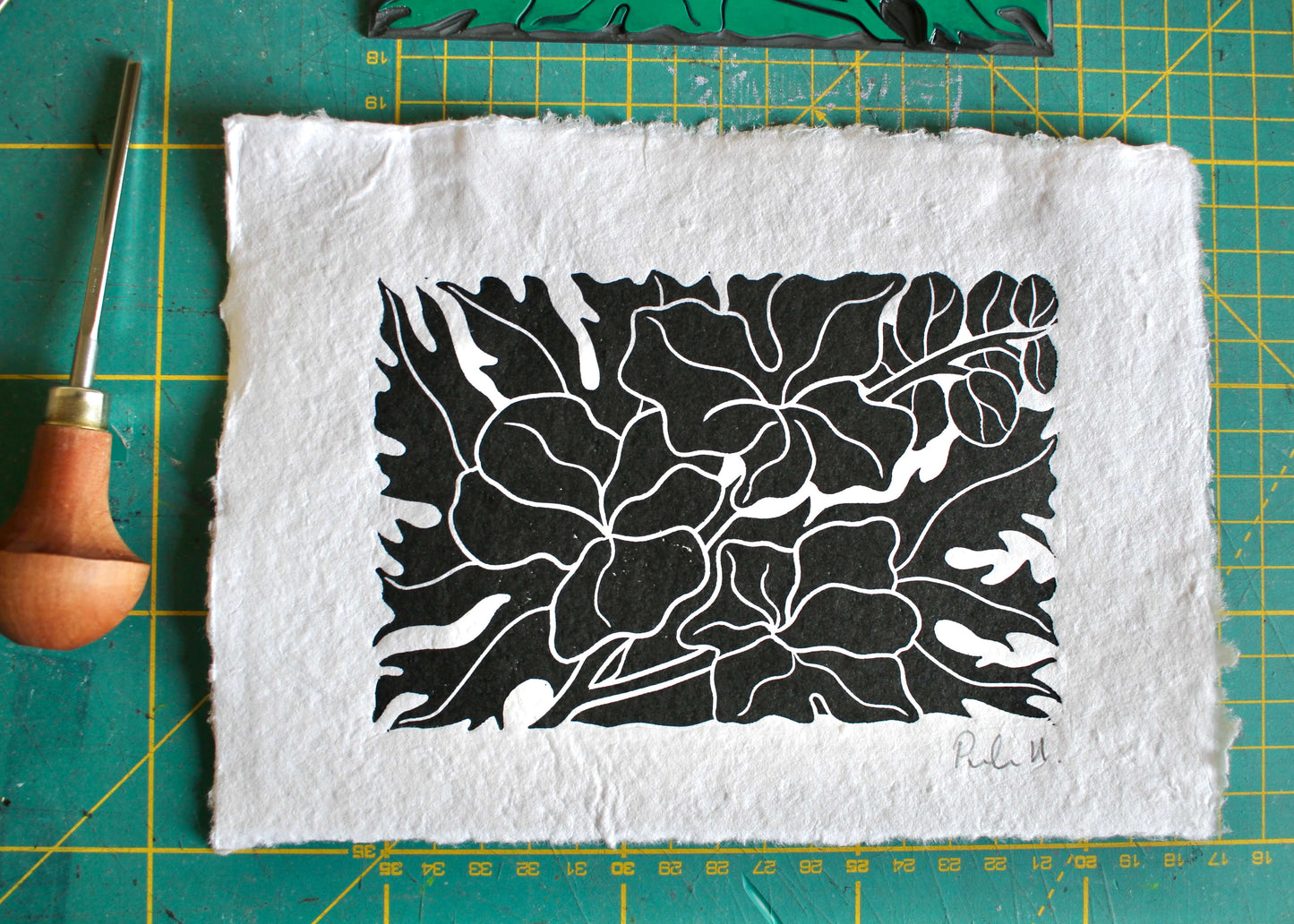 Larkspur Flower Linocut | Handprinted A5 Art Print on Cotton Rag Paper